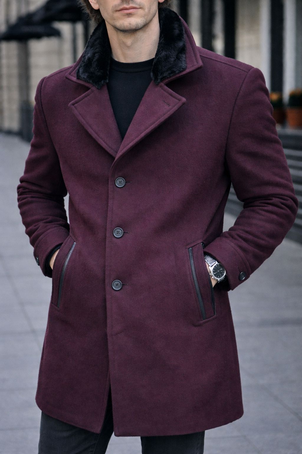 Mens Trench Coat Slim Fit Notched Collar Fall Winter Single Breasted Pea Coat Warm Soft Overcoat (The Modern Man's Black Wool Blend Slim Fit Overcoat)