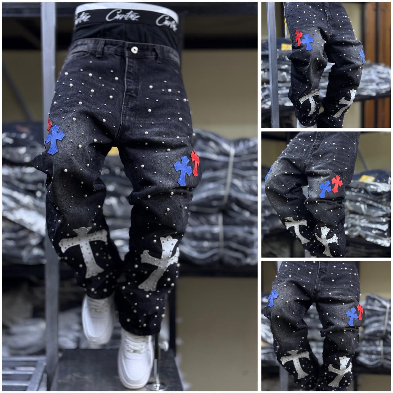 Men's Classic Denim Work Pants with Pockets, Slim Fit Stretch Jeans, and Casual Trousers ragged, patched skinny