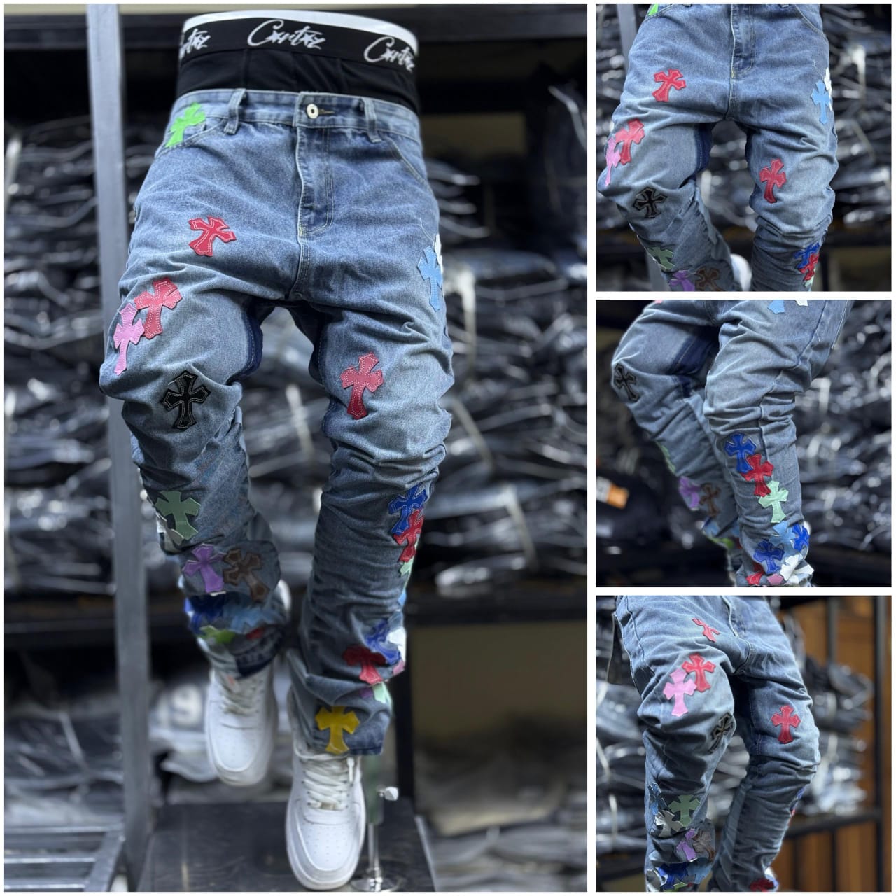 Men's Classic Denim Work Pants with Pockets, Slim Fit Stretch Jeans, and Casual Trousers ragged, patched skinny