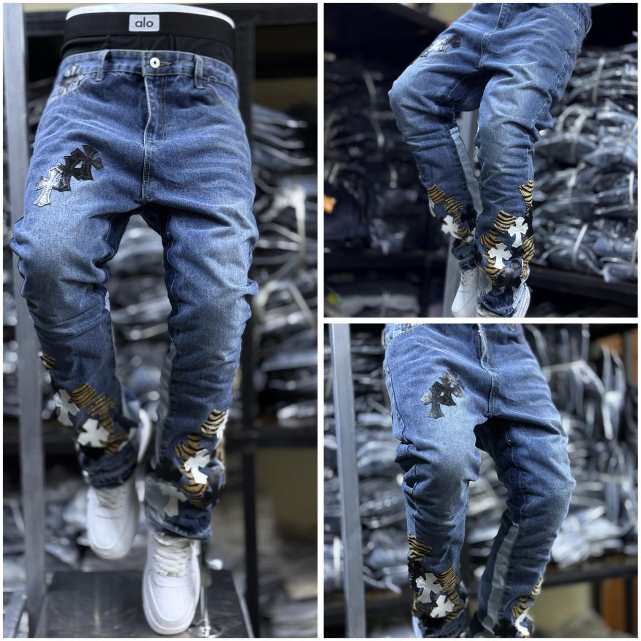 Men's Classic Denim Work Pants with Pockets, Slim Fit Stretch Jeans, and Casual Trousers ragged, patched skinny