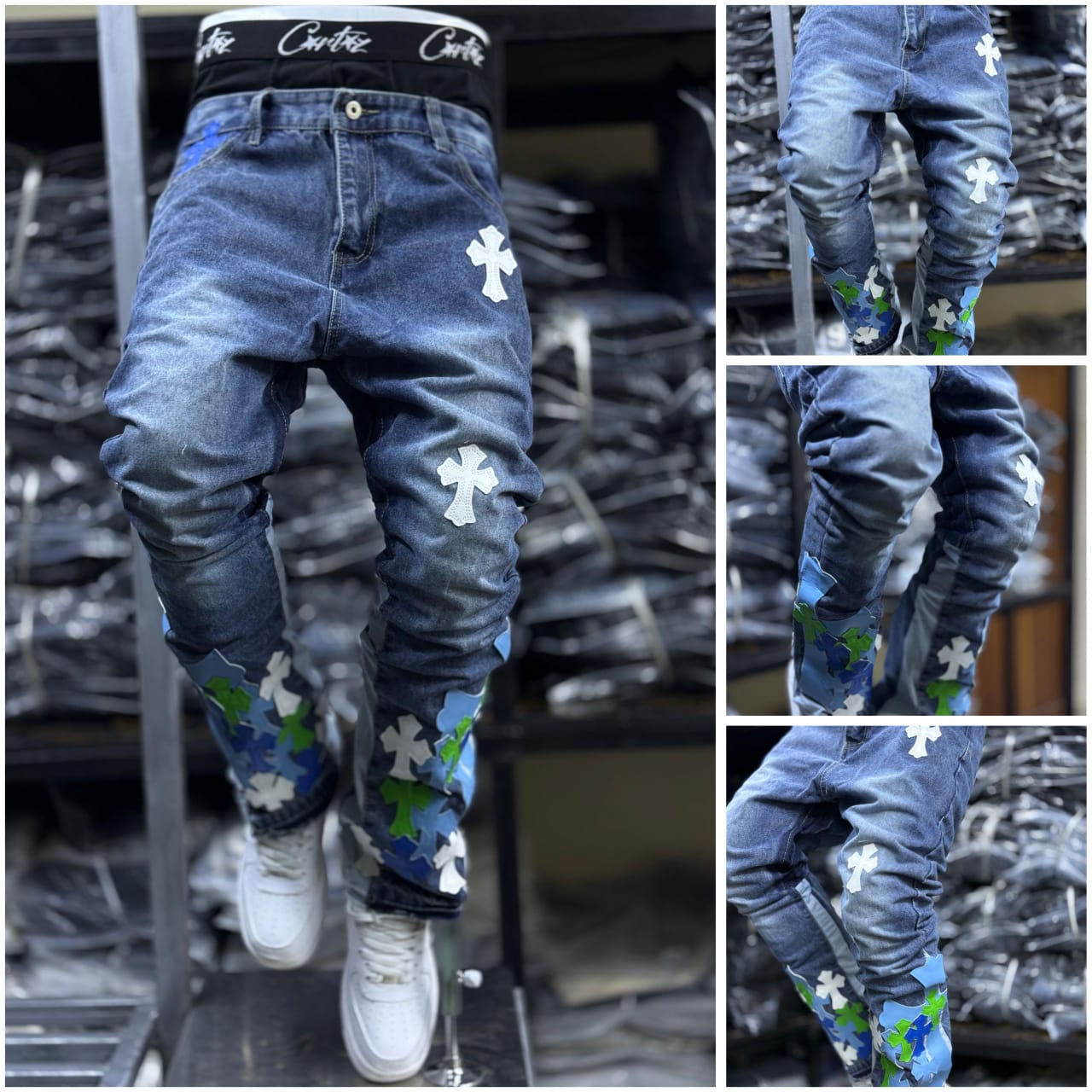 Men's Classic Denim Work Pants with Pockets, Slim Fit Stretch Jeans, and Casual Trousers ragged, patched skinny