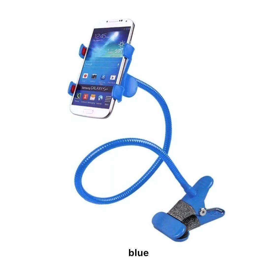 Metallic Flexible Phone Holder Stand Rotates 360 degrees ,hence flexible for all angleSuitable clips on edges of a table or flat surface The holder has a strong grip and can stretch