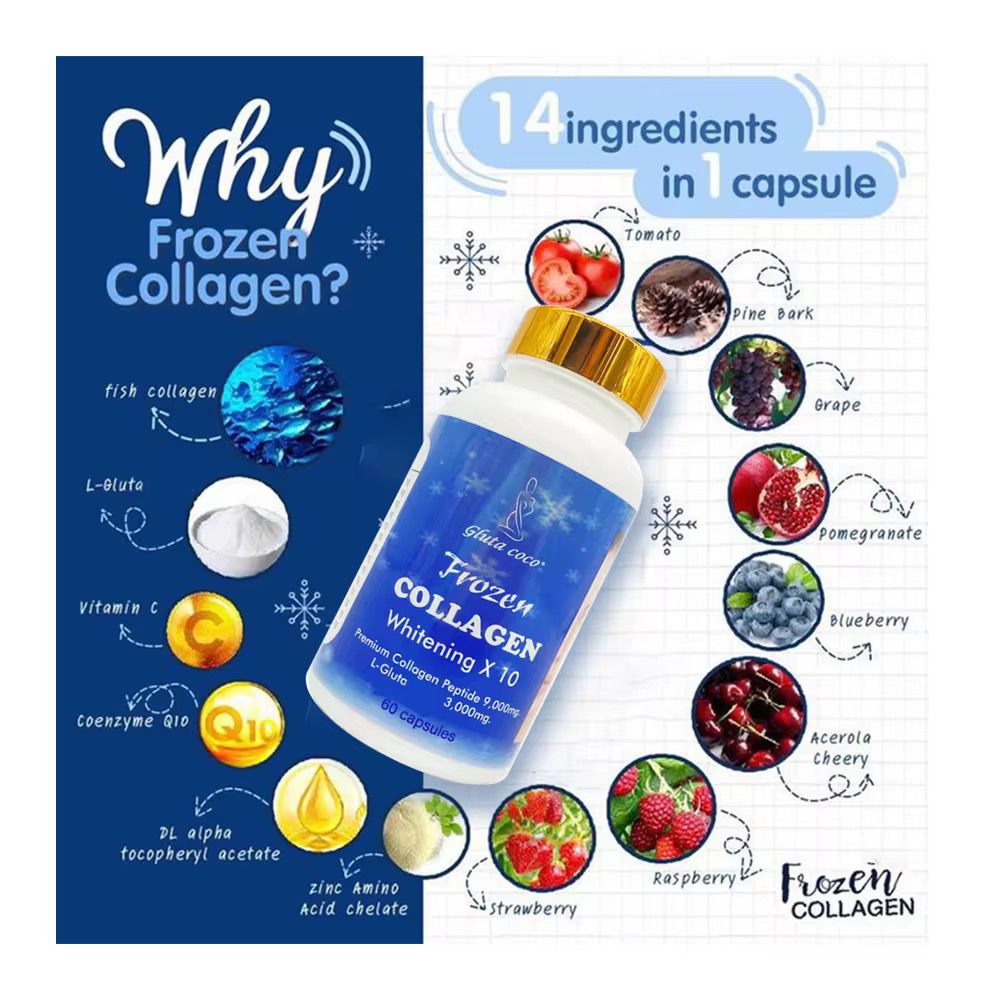 Frozen COLLAGEN Whitening Capsule X 10 Premium Collagen Peptide 9,000mg, L- Glutathione 3000mg.Collagen Whitening Capsule Repair Blemishes Acne-Acid With 3000 mg L-Glutathione