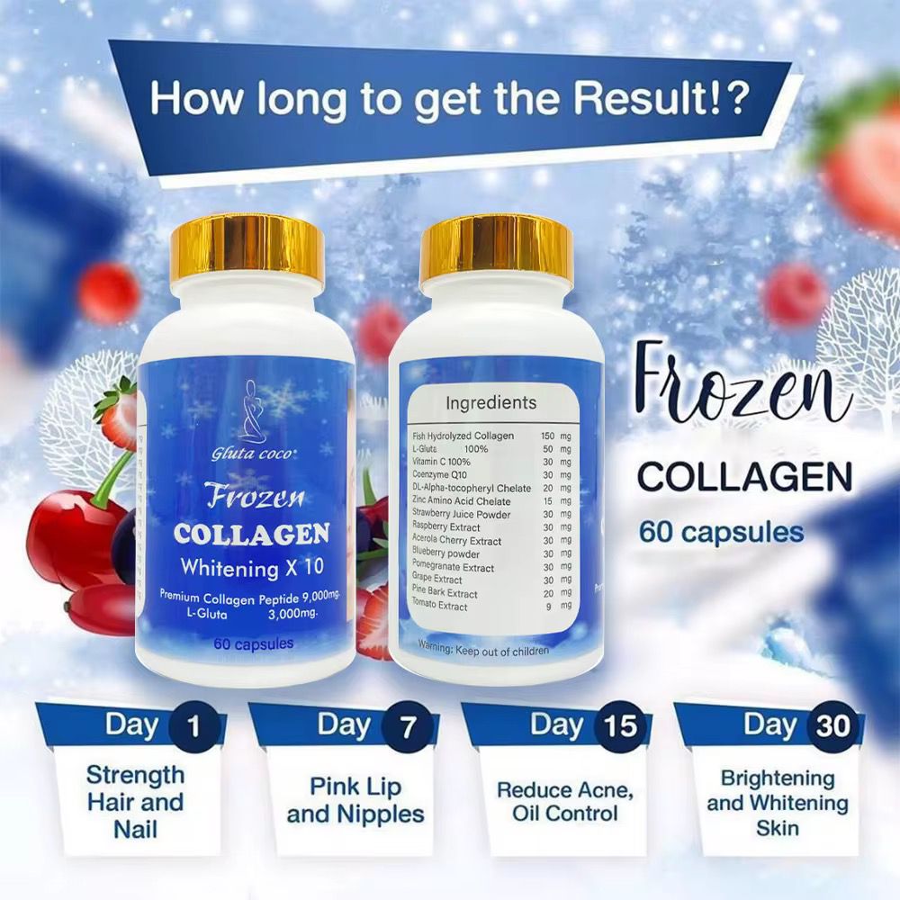 Frozen COLLAGEN Whitening Capsule X 10 Premium Collagen Peptide 9,000mg, L- Glutathione 3000mg.Collagen Whitening Capsule Repair Blemishes Acne-Acid With 3000 mg L-Glutathione