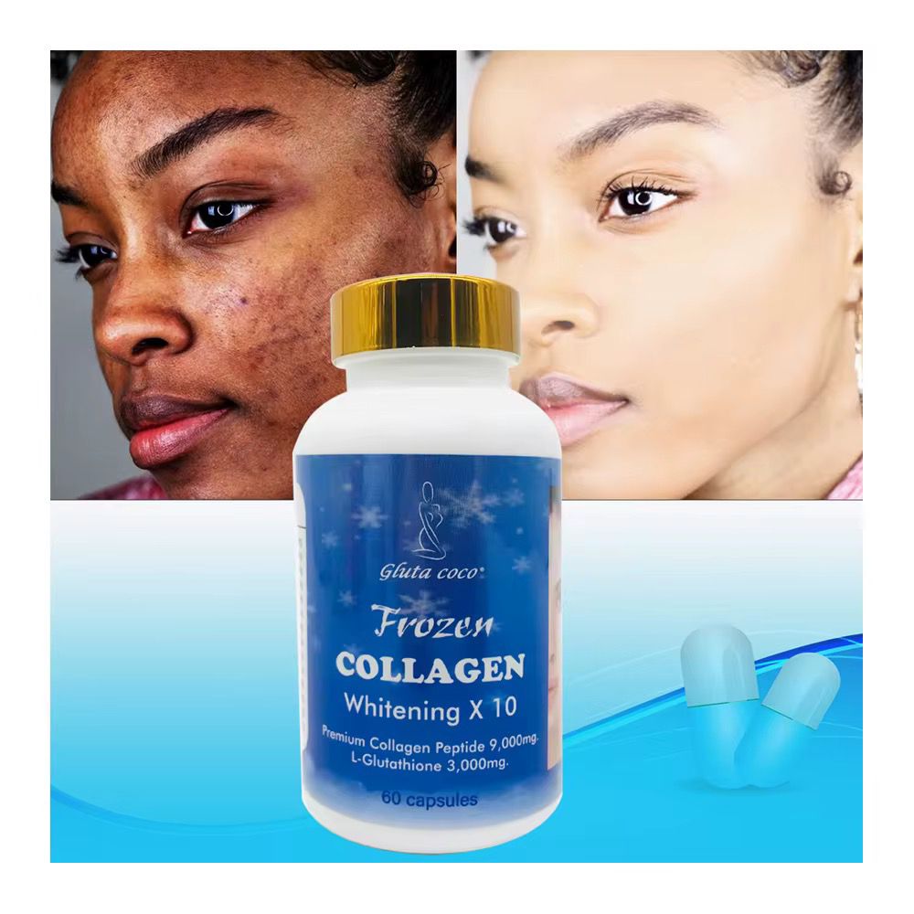 Frozen COLLAGEN Whitening Capsule X 10 Premium Collagen Peptide 9,000mg, L- Glutathione 3000mg.Collagen Whitening Capsule Repair Blemishes Acne-Acid With 3000 mg L-Glutathione