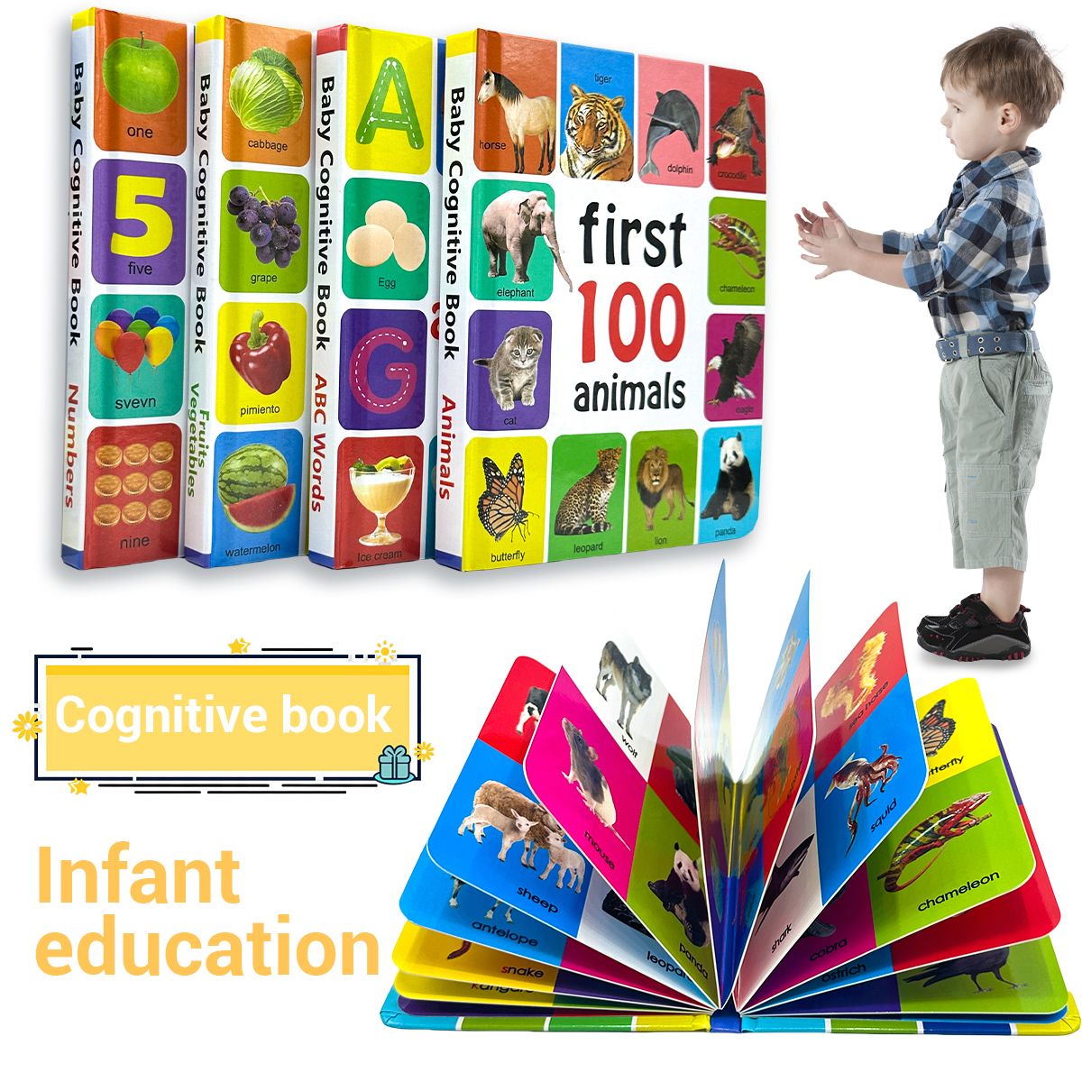 Set Of 4 English Children's Learning Encyclopedia Board Books, 4 Different Types Of Children's Vocabulary Learning Cognitive Board Books