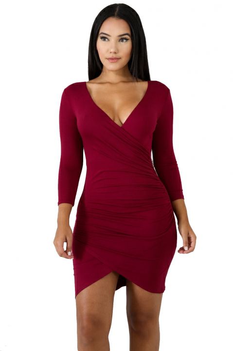 Women Long Sleeve V Neck Dresses Slim Bodycon MIni Dress Sexy Party Club Dress