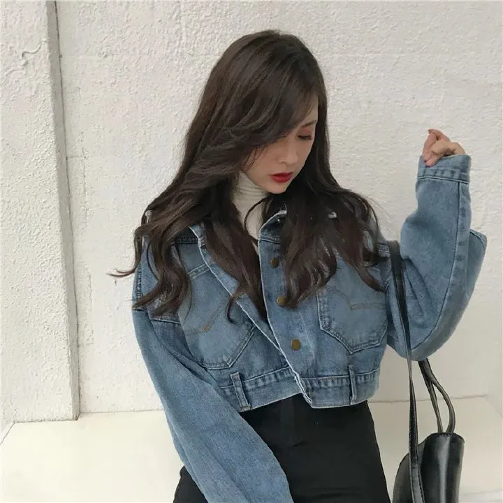 Boyfriend Jeans Jacket Women Oversized Crop Denim Jackets Vintage Loose Coats Long Sleeve Jacket