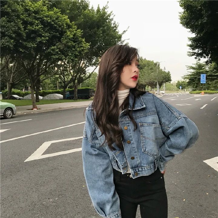 Boyfriend Jeans Jacket Women Oversized Crop Denim Jackets Vintage Loose Coats Long Sleeve Jacket
