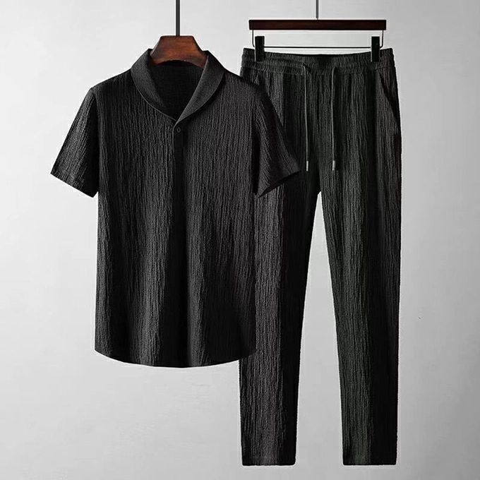 2 In 1 Men's Black T-Shirt Sets 2 Pcs Man Loose Short Sleeve Trousers Set 2 in1 Men's Loose Short Sleeve Trousers Set Summer Men Clothes
