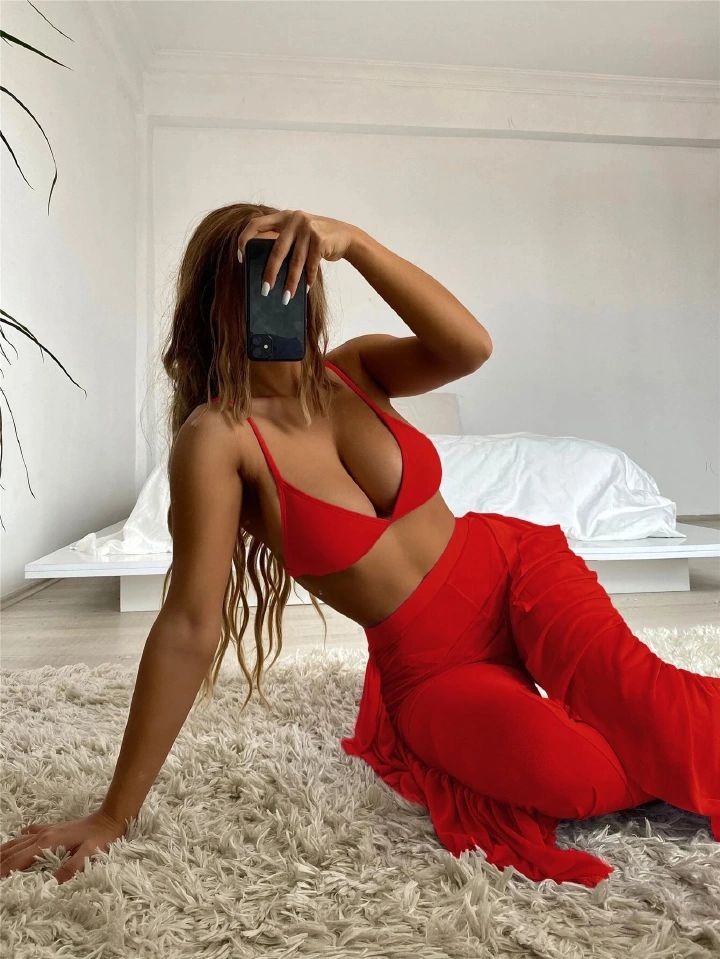 Women's 3 Piece Swimsuit Solid Halter Bikini Set with Ruffle Sheer Cover Up