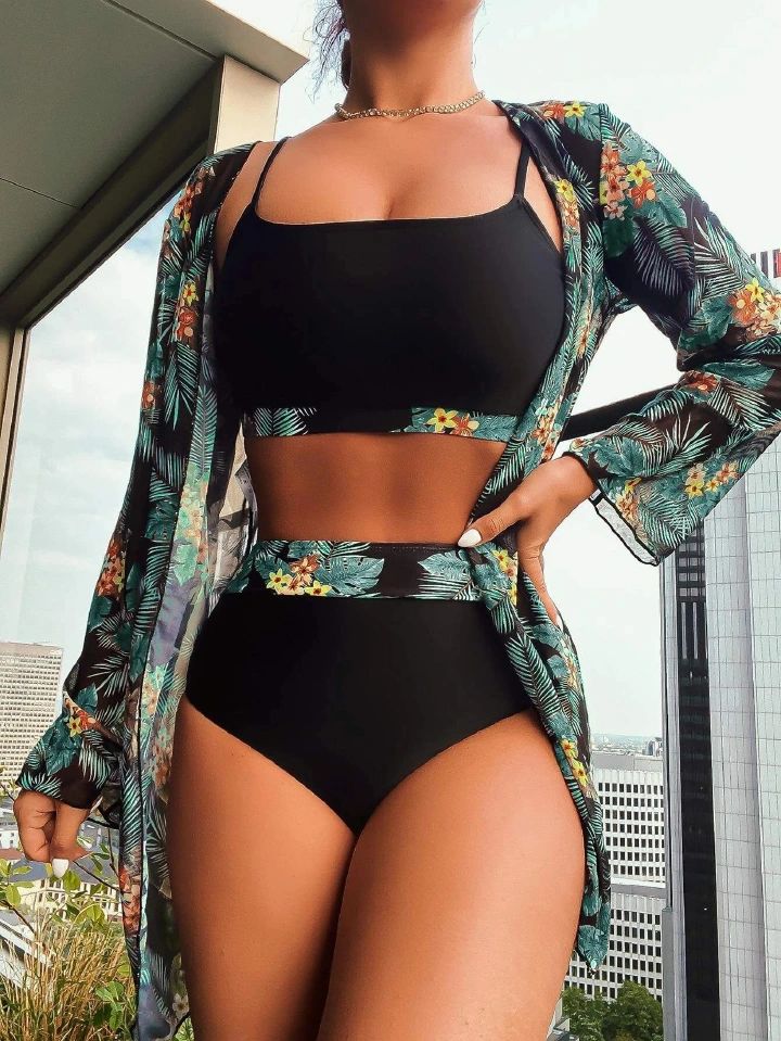 Women's 3 Piece Swimsuit High Waist Bikini Kimono Cover Up Set