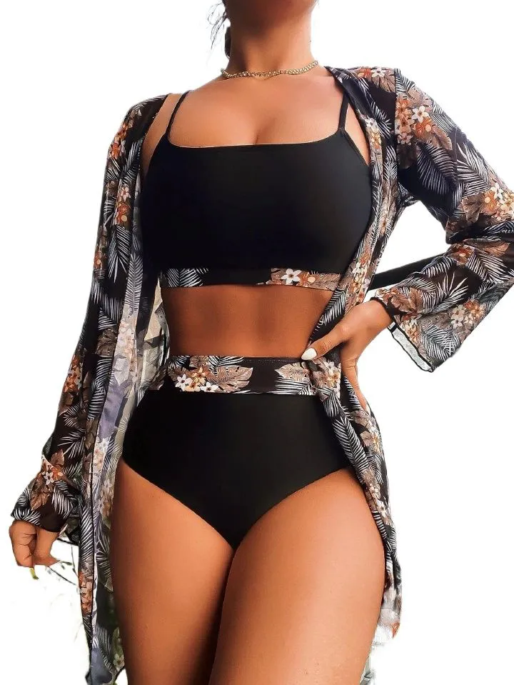 Women's 3 Piece Swimsuit High Waist Bikini Kimono Cover Up Set