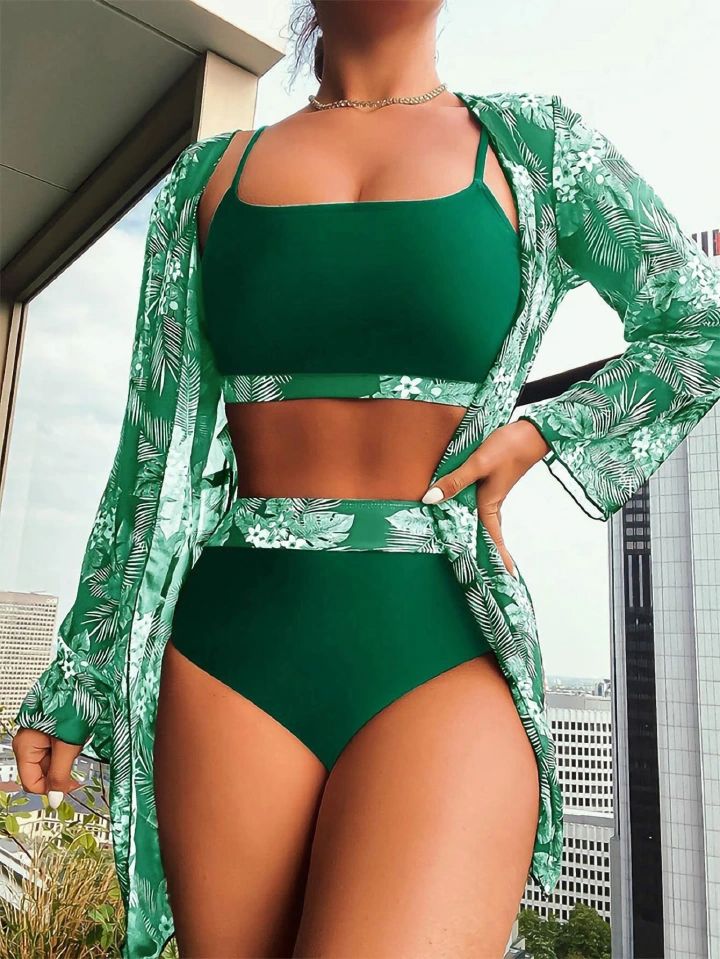 Women's 3 Piece Swimsuit High Waist Bikini Kimono Cover Up Set