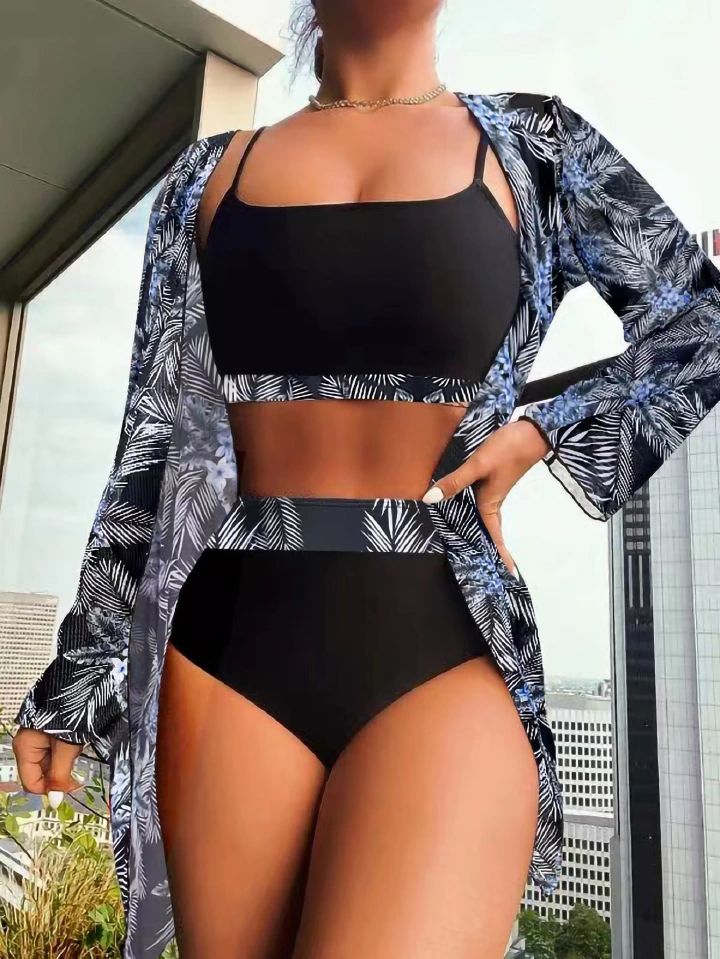 Women's 3 Piece Swimsuit High Waist Bikini Kimono Cover Up Set