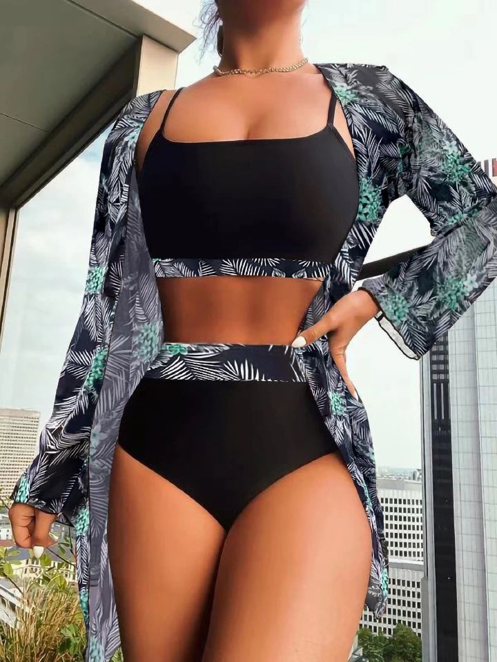 Women's 3 Piece Swimsuit High Waist Bikini Kimono Cover Up Set