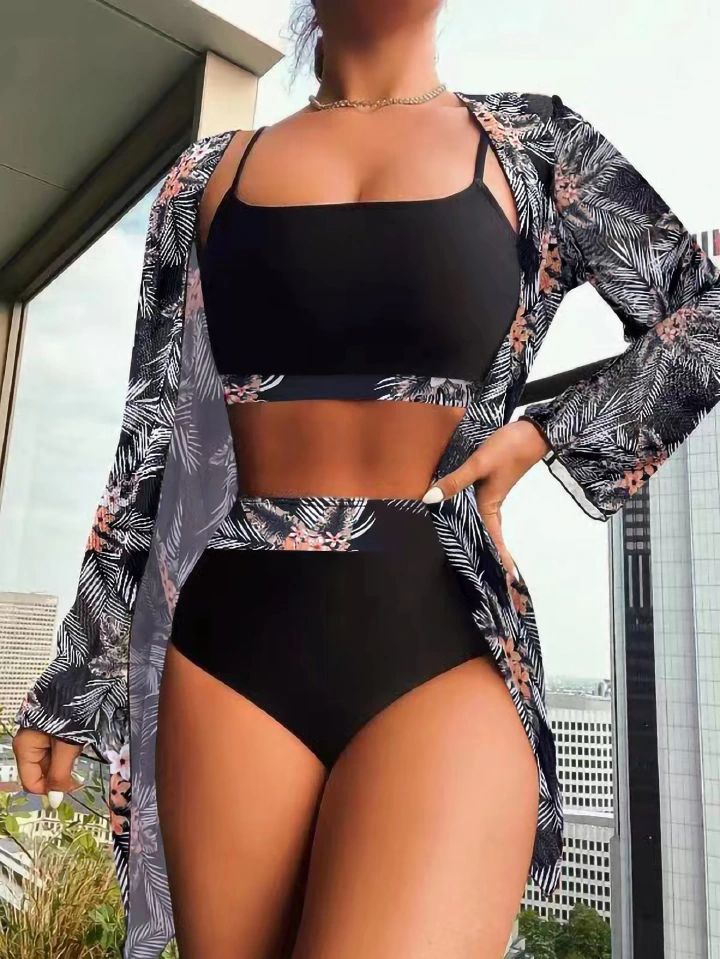 Women's 3 Piece Swimsuit High Waist Bikini Kimono Cover Up Set
