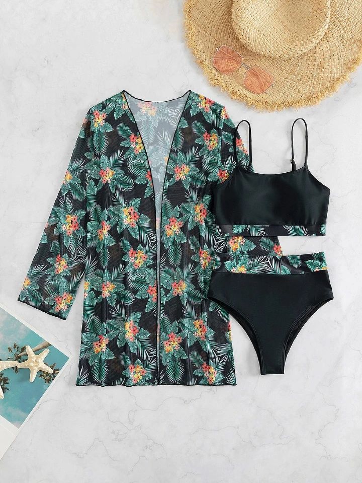Women's 3 Piece Swimsuit High Waist Bikini Kimono Cover Up Set