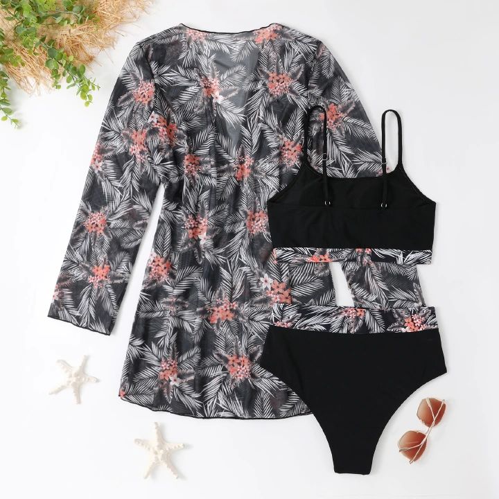 Women's 3 Piece Swimsuit High Waist Bikini Kimono Cover Up Set