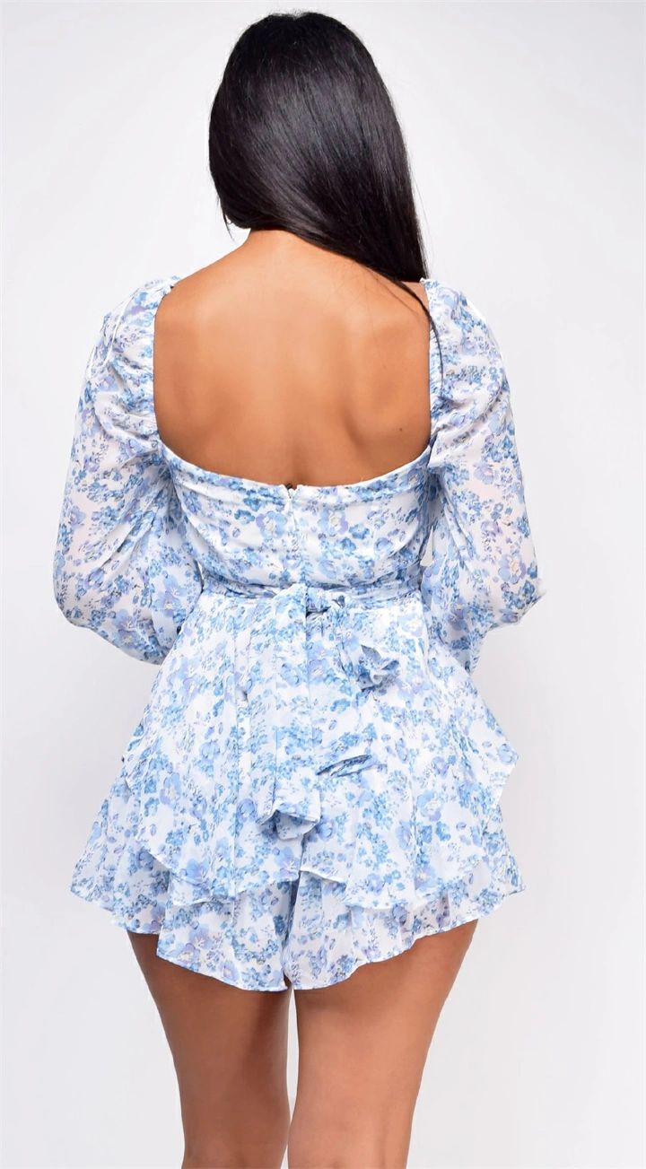 Women's Jumpsuit Floral Print Square Collar Baggy Sleeve Waist Double Layer Ruffle Hem Short Mini Dress Romper