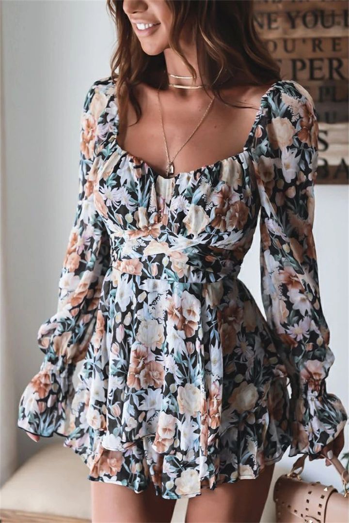 Women's Jumpsuit Floral Print Square Collar Baggy Sleeve Waist Double Layer Ruffle Hem Short Mini Dress Romper