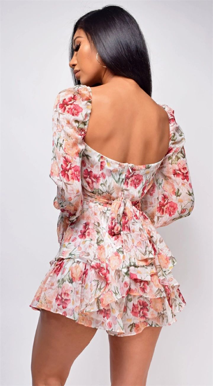 Women's Jumpsuit Floral Print Square Collar Baggy Sleeve Waist Double Layer Ruffle Hem Short Mini Dress Romper
