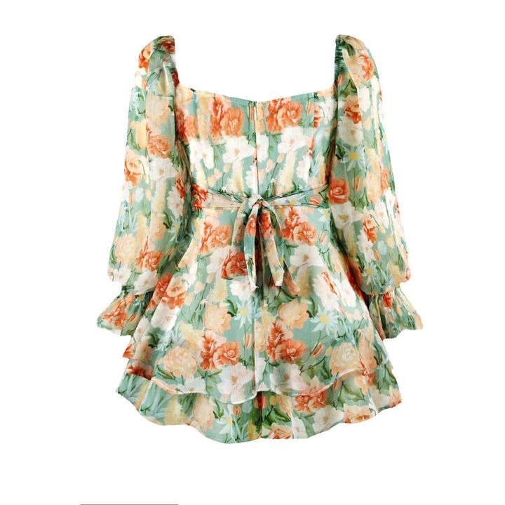 Women's Jumpsuit Floral Print Square Collar Baggy Sleeve Waist Double Layer Ruffle Hem Short Mini Dress Romper