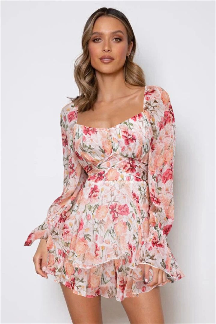 Women's Jumpsuit Floral Print Square Collar Baggy Sleeve Waist Double Layer Ruffle Hem Short Mini Dress Romper