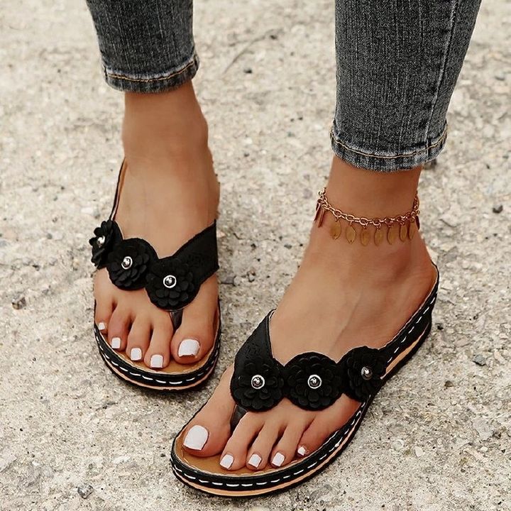 Wedge Flip Flop Women's Shoes 2022 Summer Sandals Retro Casual Solid Color Floral Sandals