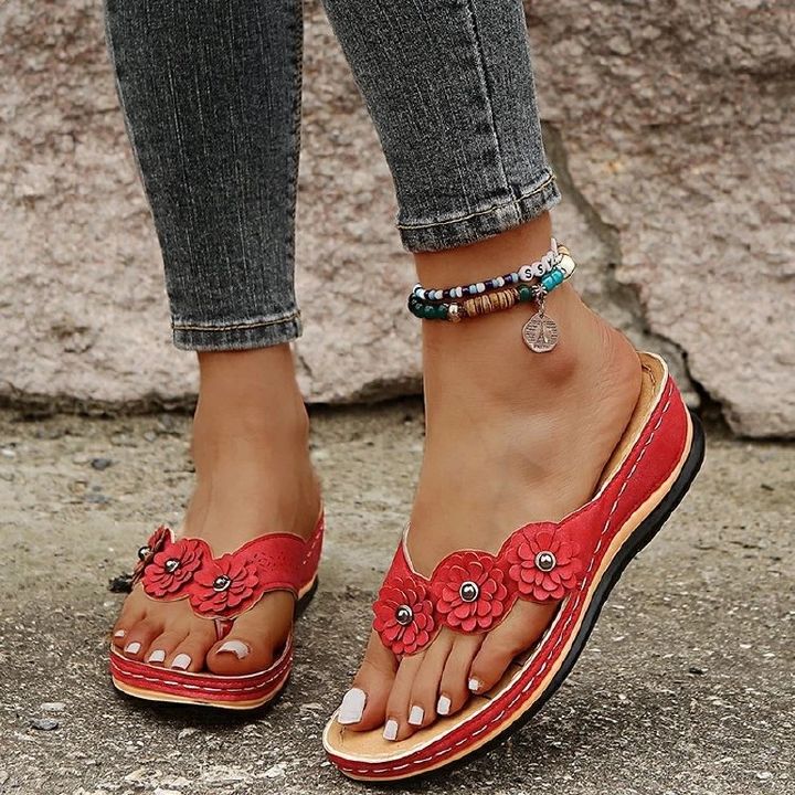 Wedge Flip Flop Women's Shoes 2022 Summer Sandals Retro Casual Solid Color Floral Sandals