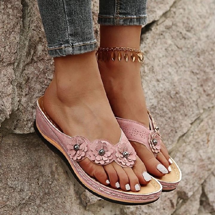 Wedge Flip Flop Women's Shoes 2022 Summer Sandals Retro Casual Solid Color Floral Sandals