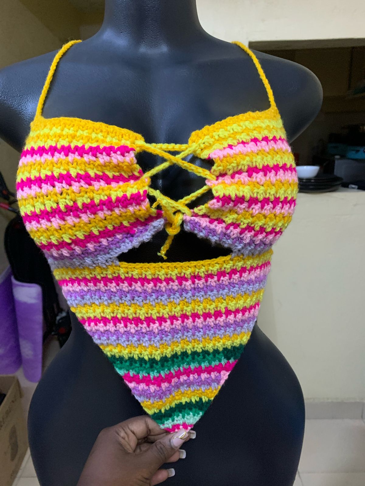 CROCHET DIAMOND BIKINI CROCHET TOP MULTI-COLOR MEDIUM SIZE