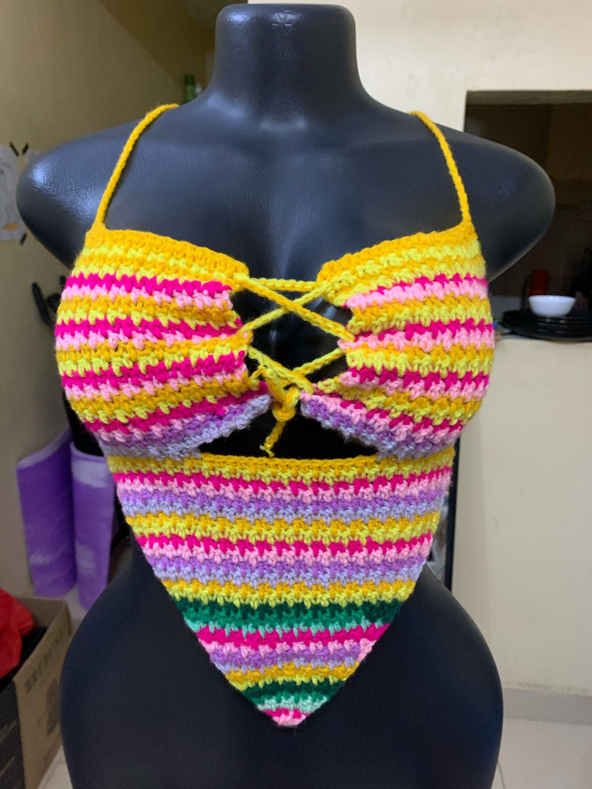 CROCHET DIAMOND BIKINI CROCHET TOP MULTI-COLOR MEDIUM SIZE