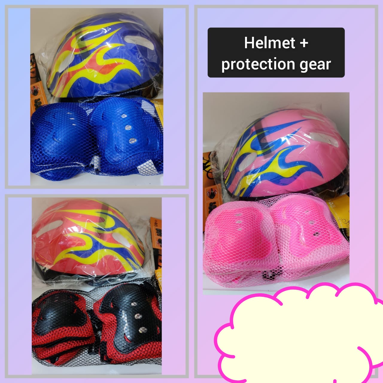 helmetand protective gear. 
These sets typically include:
Helmet: Designed to protect the head during activities like cycling, skating, or scootering. 
Protective Gear: Consisting of knee pads, elbo