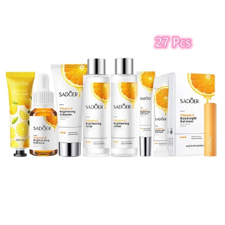 %100 original SADOER  products, 27Pcs Skin Care Set Vitamin C Face Cleansers + Moisturizing lotion + Face Essence +Face Toner Tone+Eye Cream +20Pcs Masks +Lipstick + Hand Cream Gift set