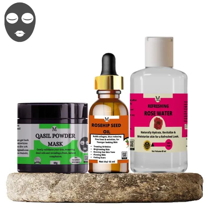 Qasil Powder, Rose Water, and Rosehip Seed Oil Pack - Your Complete Skincare Arsenal for Radiant, Healthy Skin!