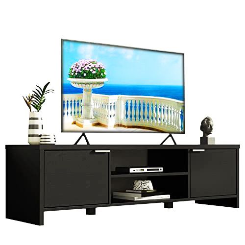 MADESA (ALL BLACK) TV STAND - 5FT with Cabinet Storage and Open Shelves for 55, 65 Inch