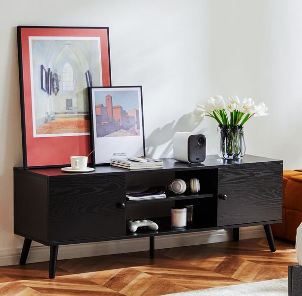 MADESA (ALL BLACK) TV STAND - 5FT with Cabinet Storage and Open Shelves for 55, 65 Inch