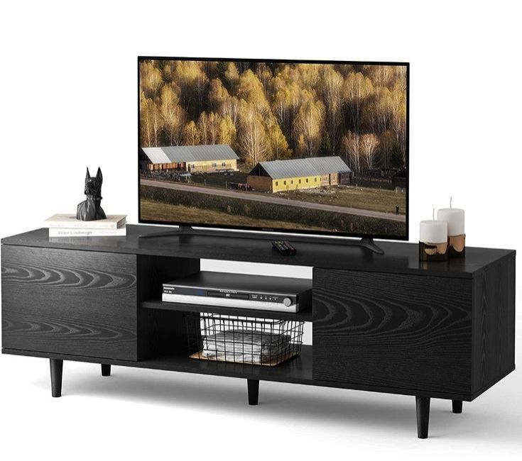 MADESA (ALL BLACK) TV STAND - 5FT with Cabinet Storage and Open Shelves for 55, 65 Inch