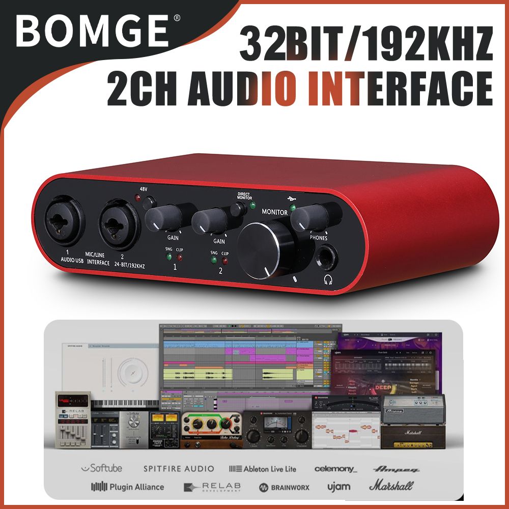 BOMGE 22S USB Audio Interface SOLO Red with XLR/48V Phantom Power,24Bit/192kHz High-Fidelity,  for Studio Audio Mixer Interface for Guitarist, Vocalist, Podcaster, Producer, Plug and Play