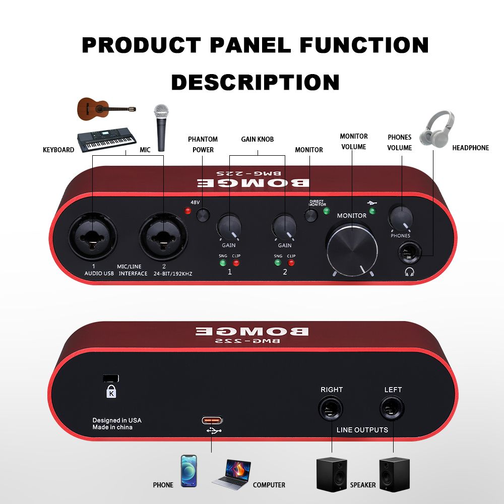 BOMGE 22S USB Audio Interface SOLO Red with XLR/48V Phantom Power,24Bit/192kHz High-Fidelity,  for Studio Audio Mixer Interface for Guitarist, Vocalist, Podcaster, Producer, Plug and Play