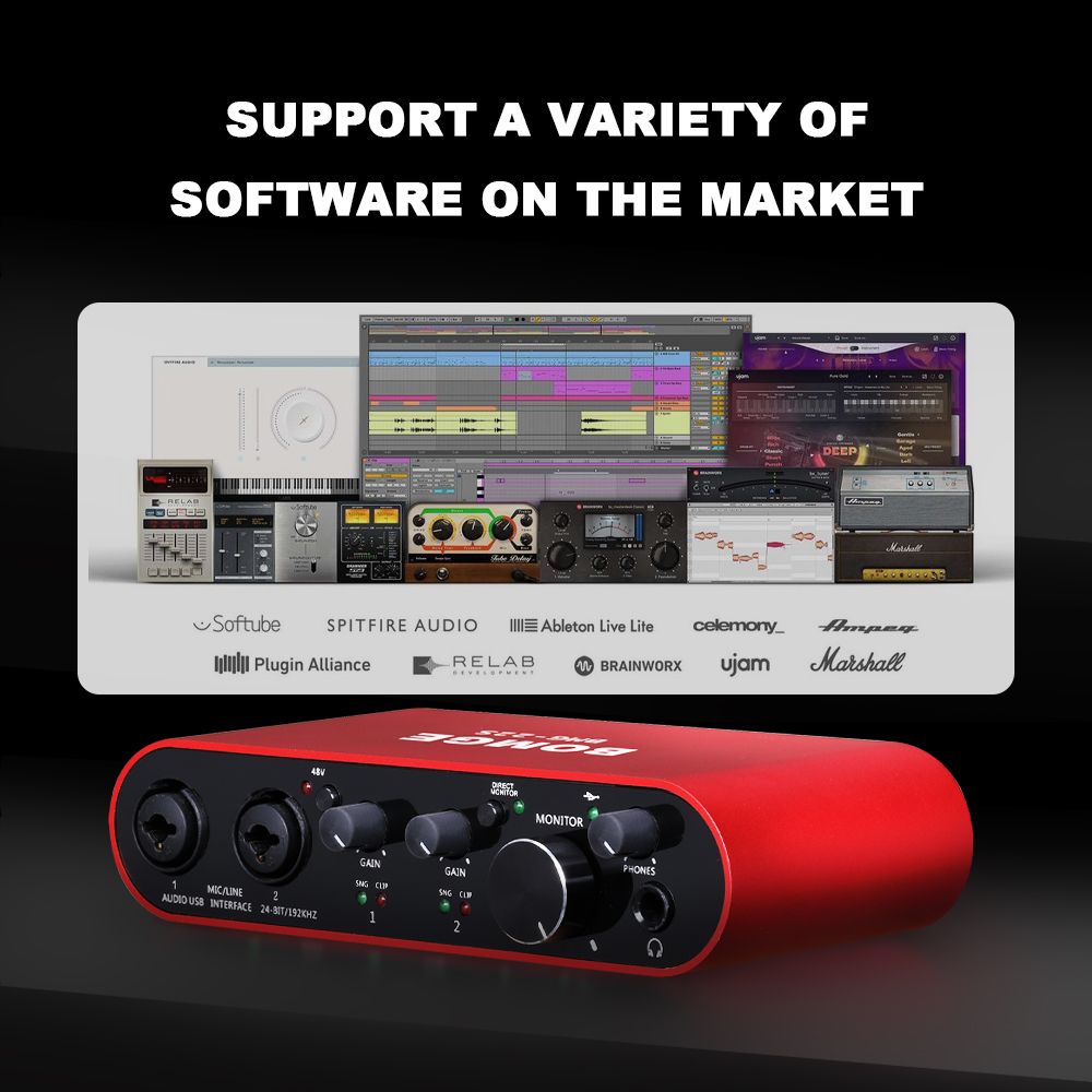BOMGE 22S USB Audio Interface SOLO Red with XLR/48V Phantom Power,24Bit/192kHz High-Fidelity,  for Studio Audio Mixer Interface for Guitarist, Vocalist, Podcaster, Producer, Plug and Play