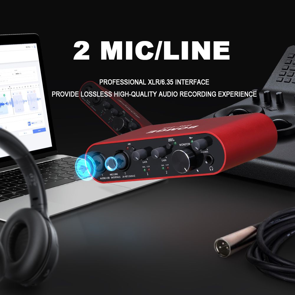 BOMGE 22S USB Audio Interface SOLO Red with XLR/48V Phantom Power,24Bit/192kHz High-Fidelity,  for Studio Audio Mixer Interface for Guitarist, Vocalist, Podcaster, Producer, Plug and Play