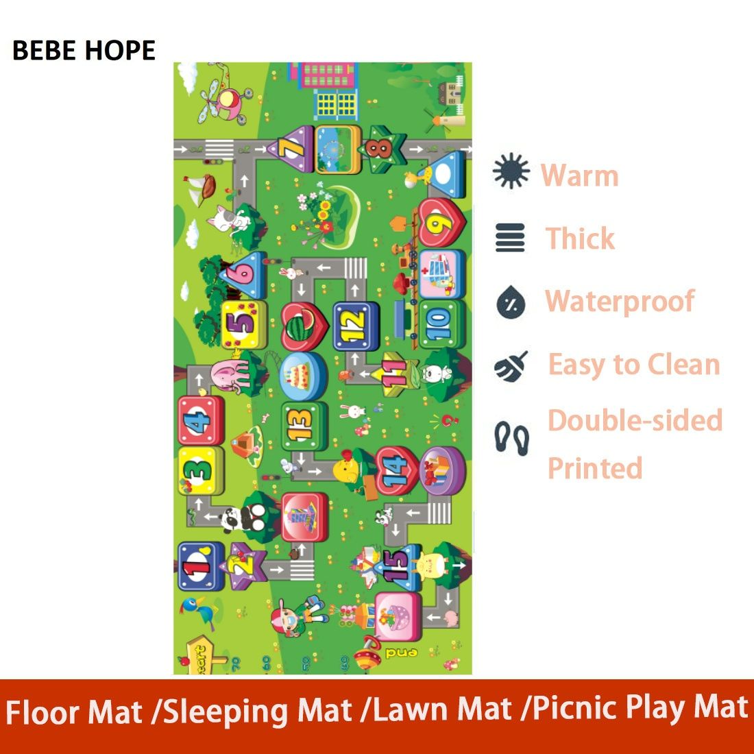 BEBE HOPE 3*6 / 4*6.5 / 5*6.5 / 6*6.5 1PC Double-sided Printed Waterproof Easy to Clean Foam Warm Floor Carpet Sleeping Mat Lawn Mat Living Room Floor Mat Picnic Play Mat Children Crawling Mat