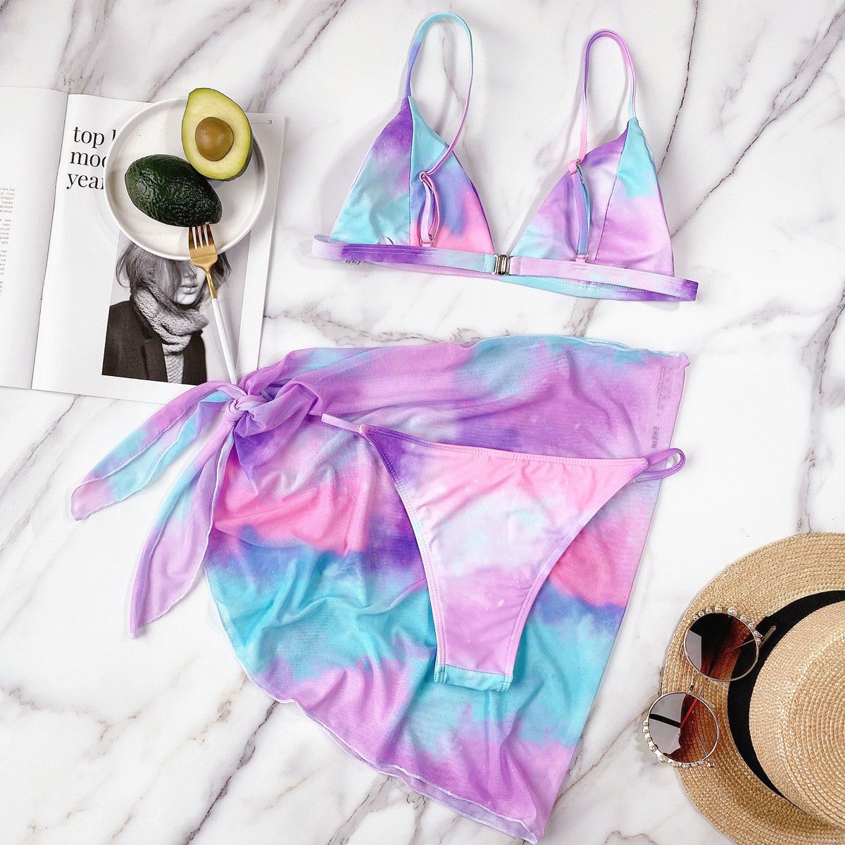 Women's Tie-dye Printed Cross-tie Chiffon Three-piece Sexy Split Bikini Swimsuit Biquinis Bathing Suits Sexy Bikini Set