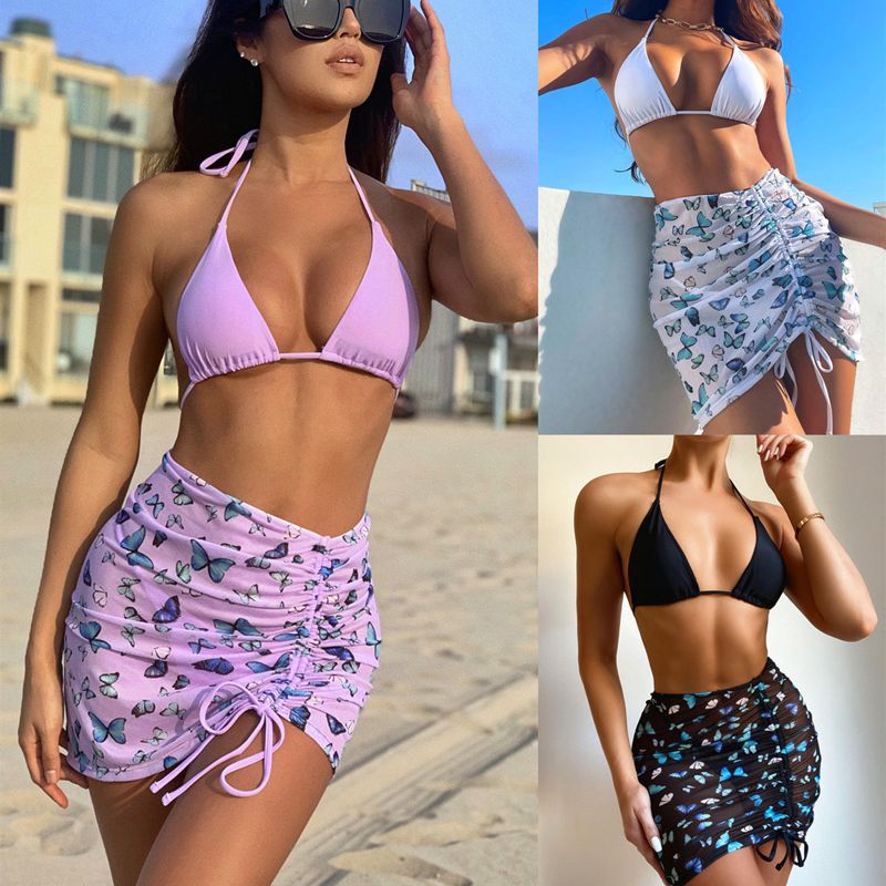 Tie Dye With Sarong Bikini Push Up Swimsuit Female Swimwear Women Three-pieces Bikini set With Bra Cup Bather Bathing Suit