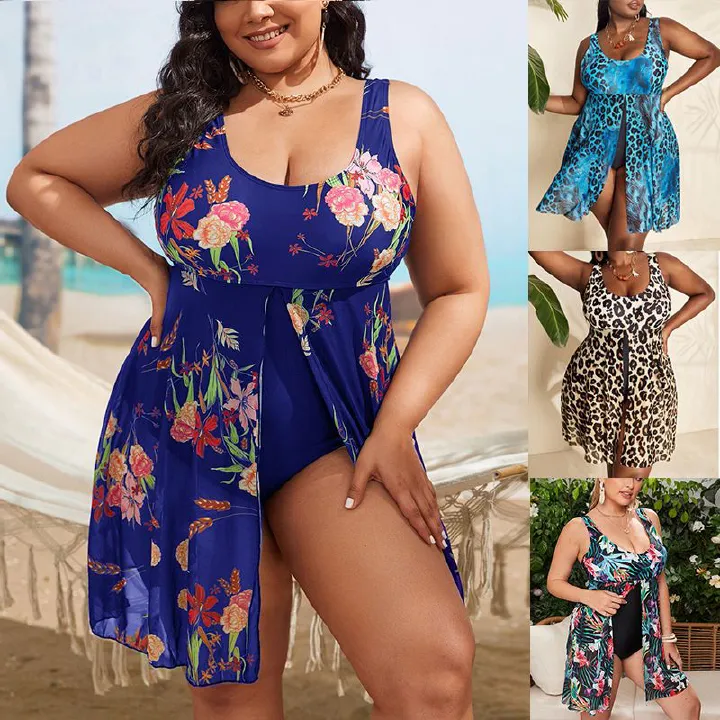 Plus Size Swimsuit Skirt Women 2024 Print Bikini One-Piece Swimwear Summer Beach Bathing Suit Conservative Swimdress 4XL Tankini