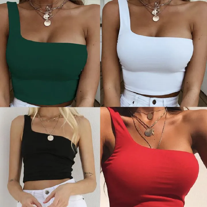 Solid Color Female Camisole Tops Summer Cami Women Cropped Tops One Shoulder Chest Wrapped Short Vest Sexy Nightclub Ladies