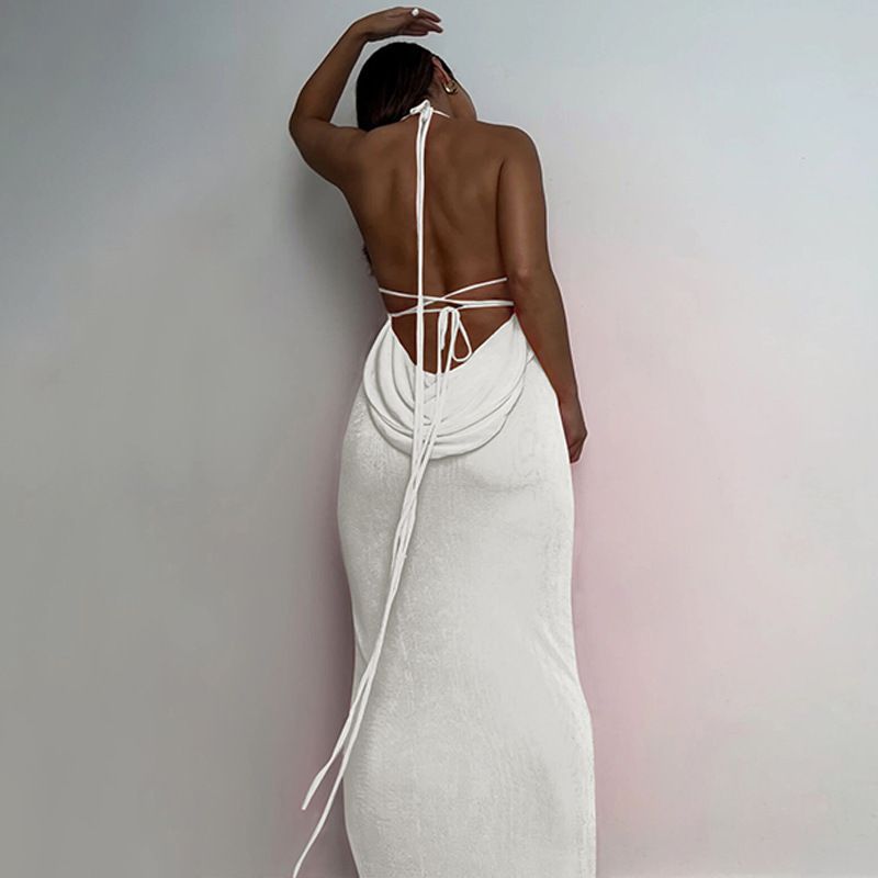 Elegant Fashion Halter Sexy Backless Draped Maxi Dress Women 2024 Summer Women Party Long Straps Shift Dresses Clothes