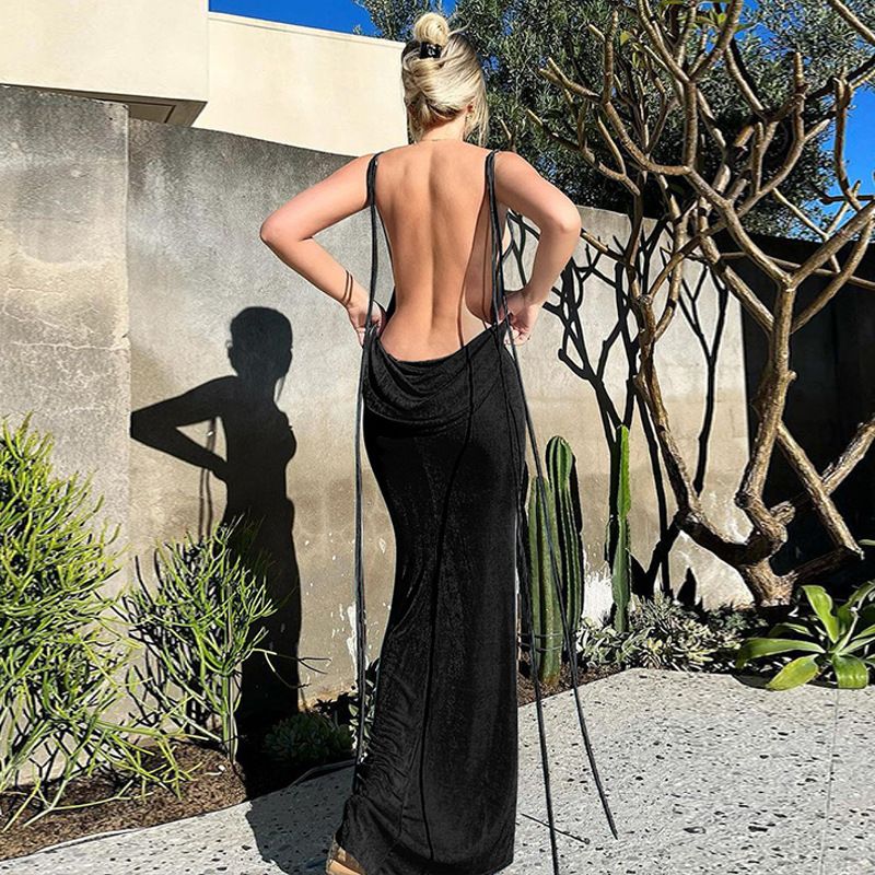 Elegant Fashion Halter Sexy Backless Draped Maxi Dress Women 2024 Summer Women Party Long Straps Shift Dresses Clothes